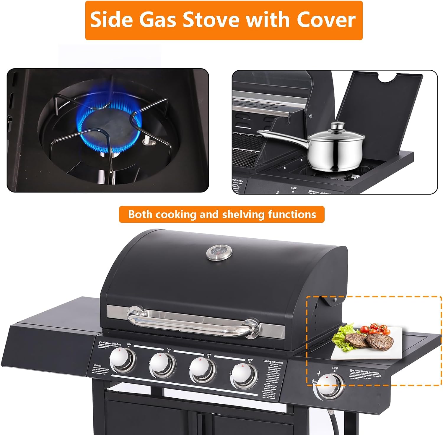 4-Burner Propane Gas BBQ Grill High-Strength Cast Iron with Side Burner, Portable 50,000 BTU Barbecue Grills with 4 Wheels and 449 SQ.IN. Cook Area for Outdoor Cooking and Backyard BBQ (Black)