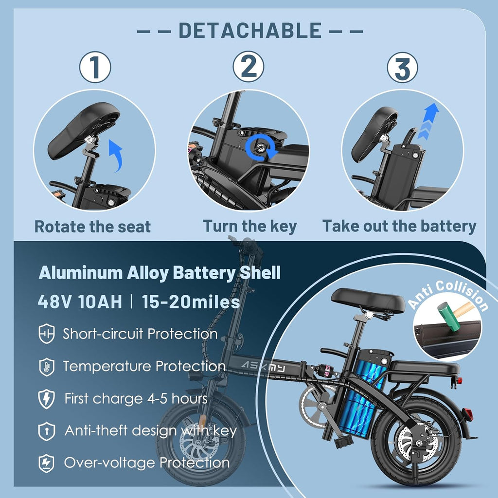 Foldable Electric Bike for Adults and Teens, 750W/1000W Peak Motor Ebike with 48V 10AH Removable Battery, 30-60 Miles PAS Range, 14' Mini E-Bike for Daily Commuting, Electric Bicycle for Riders