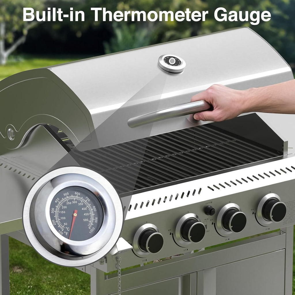 Electactic Propane Gas Grill 4 Burners, 32000 BTU Outdoor Barbecue Grill with Stainless Steel Body & Heavy-Duty 304 Grill Grates, Foldable Side Shelves & Built-in Thermometer, Portable with Wheels