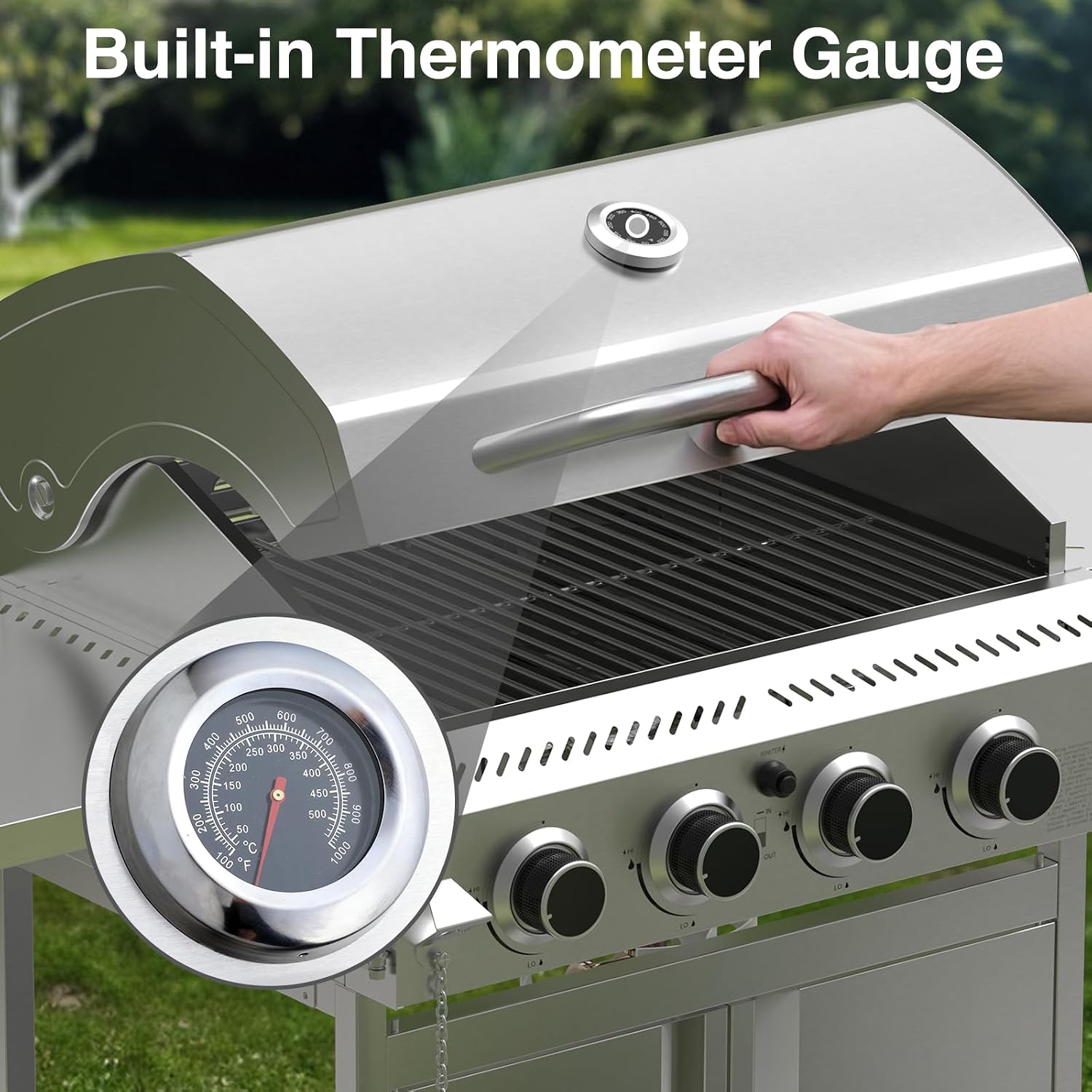 Electactic Propane Gas Grill 4 Burners, 32000 BTU Outdoor Barbecue Grill with Stainless Steel Body & Heavy-Duty 304 Grill Grates, Foldable Side Shelves & Built-in Thermometer, Portable with Wheels