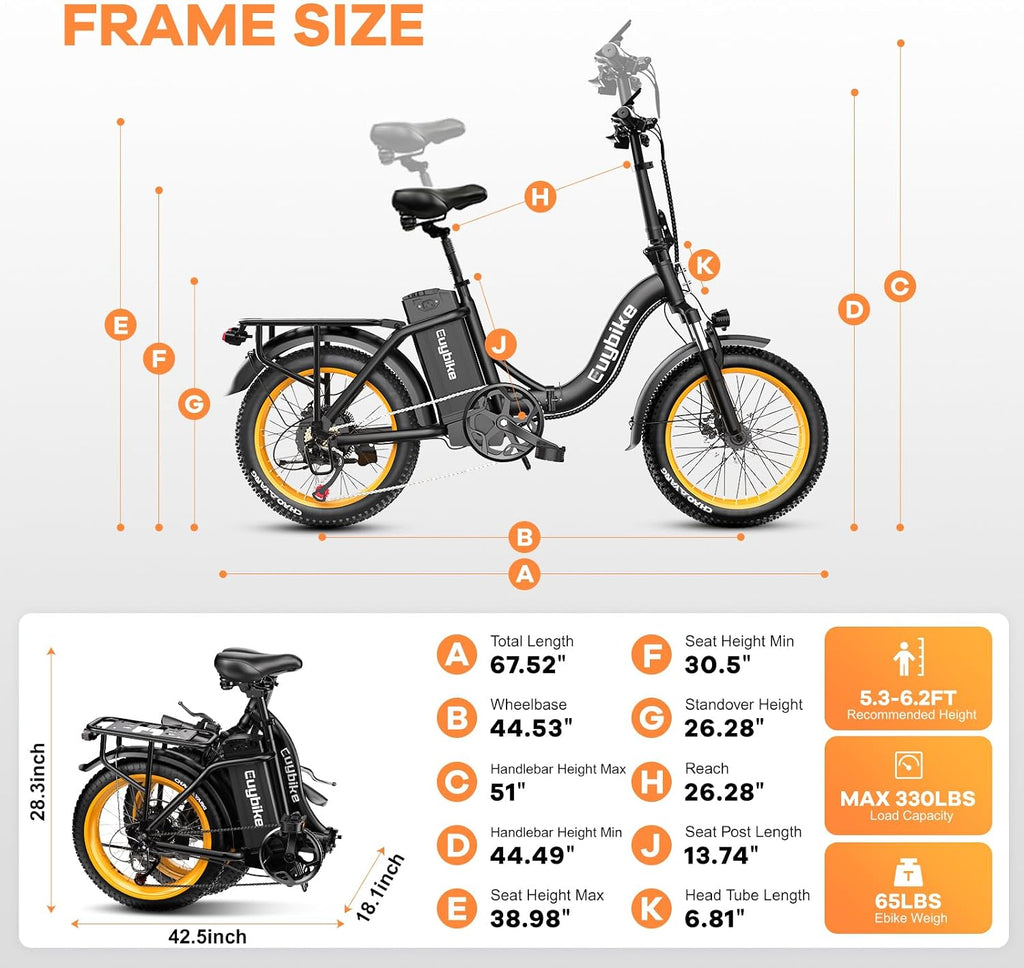 EUYBIKE Folding Electric Bike for Adults with Peak 1000W Motor, 48V 20AH Battery up to 80 Miles, 20' Fat Tire All Terrain Ebike, Front Suspension 7-Speed Commuter E Bike, Step-Thru, UL Certified