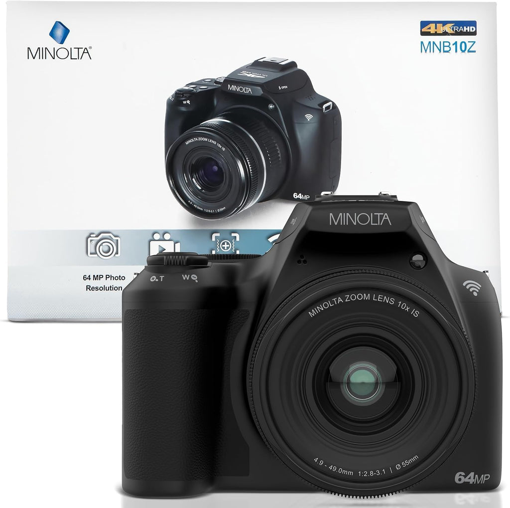 Minolta 64MP Digital Camera – 10x Optical Zoom, 4K Ultra HD Video, Macro Shooting, Anti-Shake, 3-inch LCD Screen, Face Detection – Includes 32GB SD Card, Battery & Case (Black)