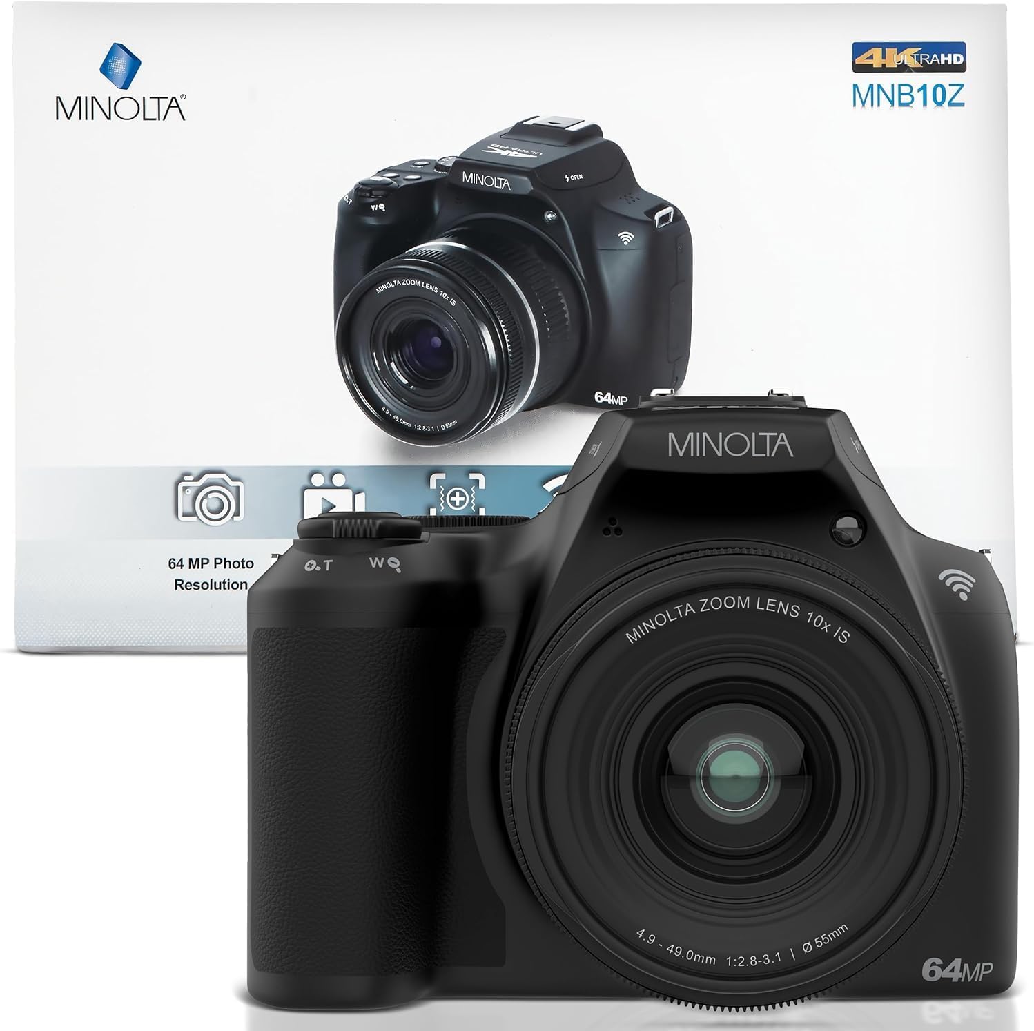 Minolta 64MP Digital Camera – 10x Optical Zoom, 4K Ultra HD Video, Macro Shooting, Anti-Shake, 3-inch LCD Screen, Face Detection – Includes 32GB SD Card, Battery & Case (Black)
