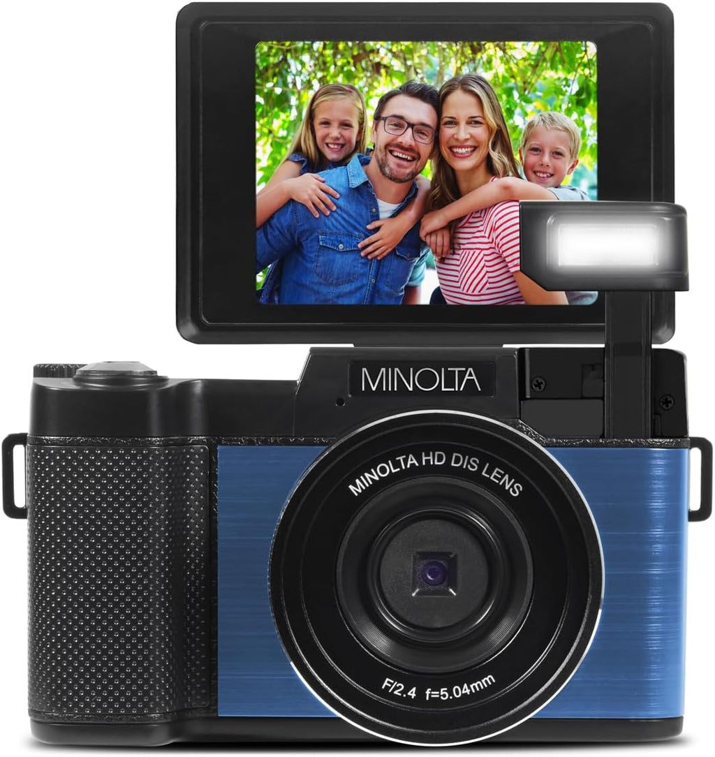 Minolta 30MP Digital Camera – 2.7K Ultra HD Video, 3-inch 180° LCD Screen, Face Detection, Anti-Shake, 9 Scene Modes, Photo Burst, Panorama, CMOS Sensor, 32GB Card (Blue)