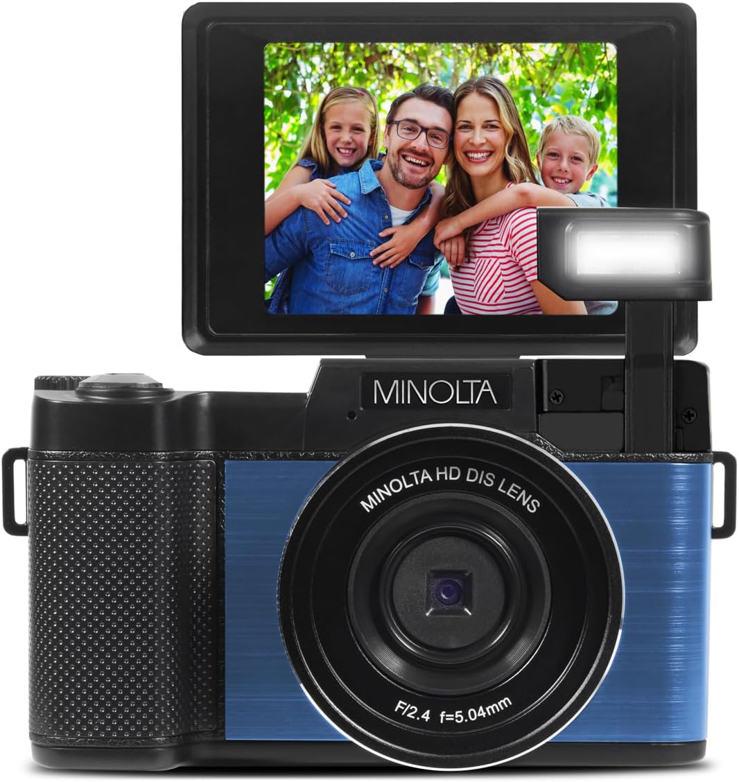 Minolta 30MP Digital Camera – 2.7K Ultra HD Video, 3-inch 180° LCD Screen, Face Detection, Anti-Shake, 9 Scene Modes, Photo Burst, Panorama, CMOS Sensor, 32GB Card (Blue)