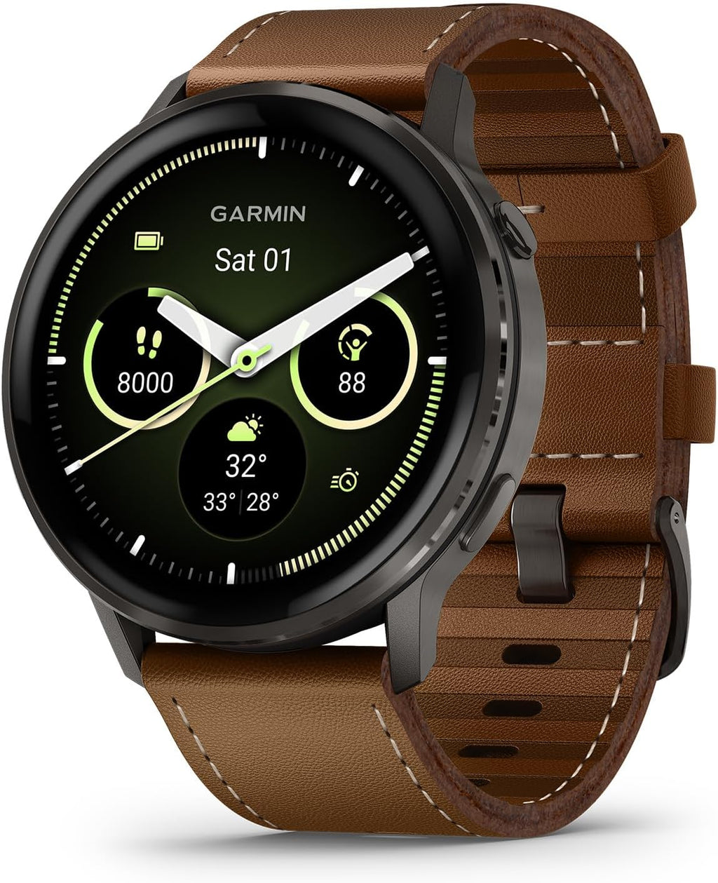 Garmin Venu® 4, 45mm, Advanced Health and Fitness GPS Smartwatch,Bright Colorful Display,Built-in Flashlight,12 Days of Battery Life, Slate with Black Silicone and Brown Leather Band - 2 Bands