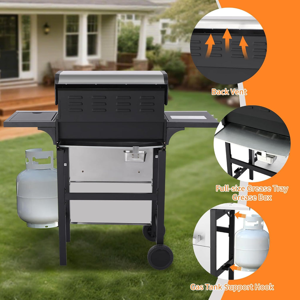 Cookit 4-Burner Gas Grill with Side Burner, 49,000 BTU Output - Double-layer Stainless Steel Grill Lid, Cast Iron Grates, Griddle & Charcoal Pan, Easy-Clean Grease Management for Perfect BBQs