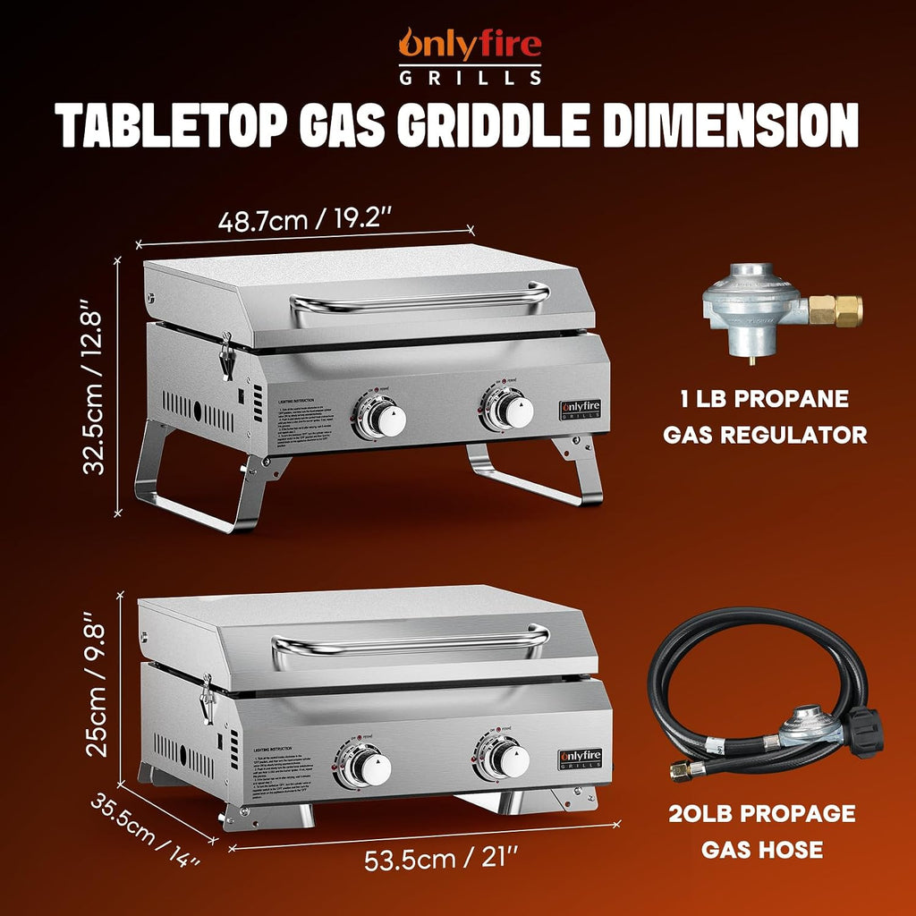 ONLYFIRE GRILLS Tabletop Gas Griddle with Foldable Legs, 2-Burner BBQ Propane Flat Top Griddle, Portable Gas Stove for Outdoor Cooking Patio Party Camping Tailgating RV, Stainless Steel, GS318