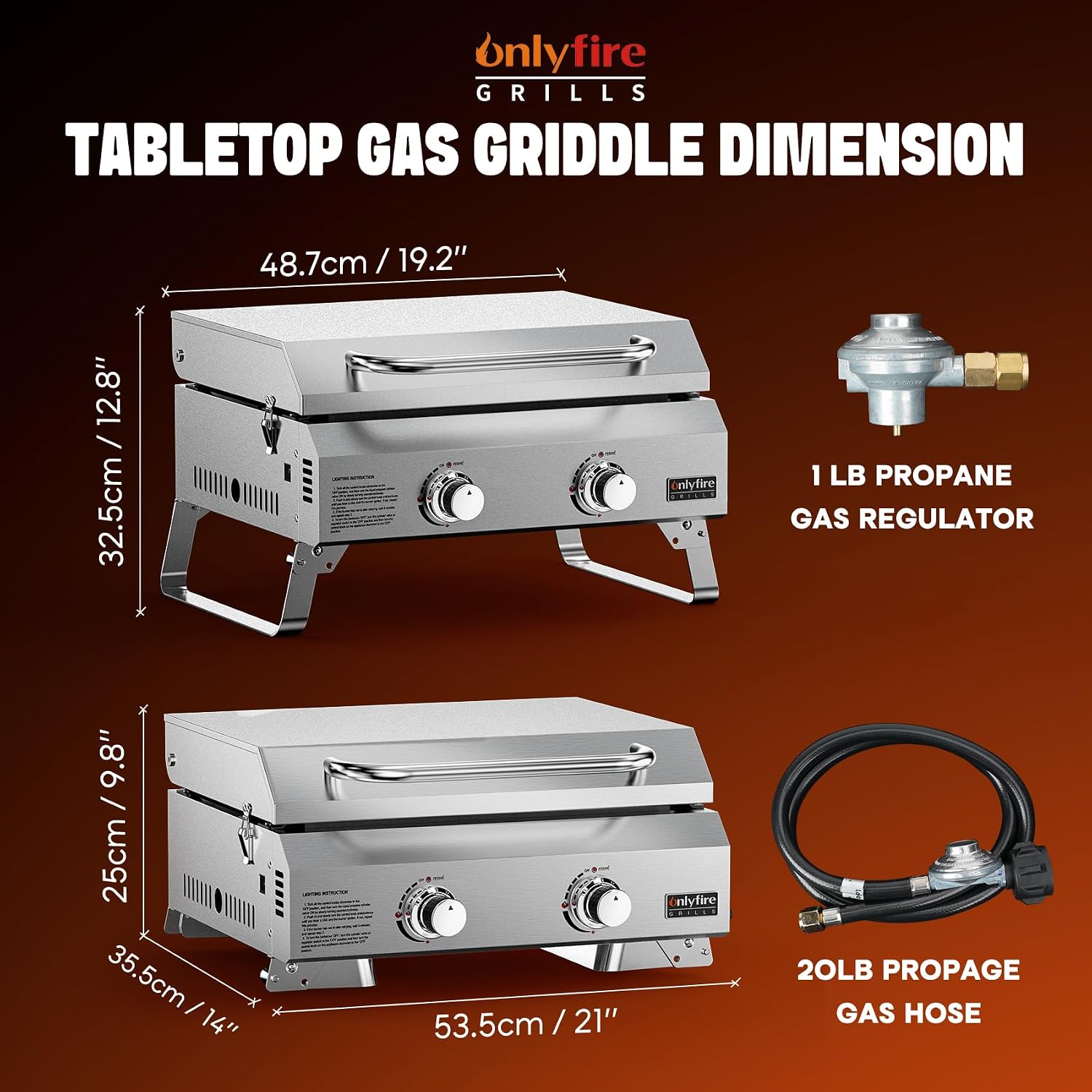 ONLYFIRE GRILLS Tabletop Gas Griddle with Foldable Legs, 2-Burner BBQ Propane Flat Top Griddle, Portable Gas Stove for Outdoor Cooking Patio Party Camping Tailgating RV, Stainless Steel, GS318