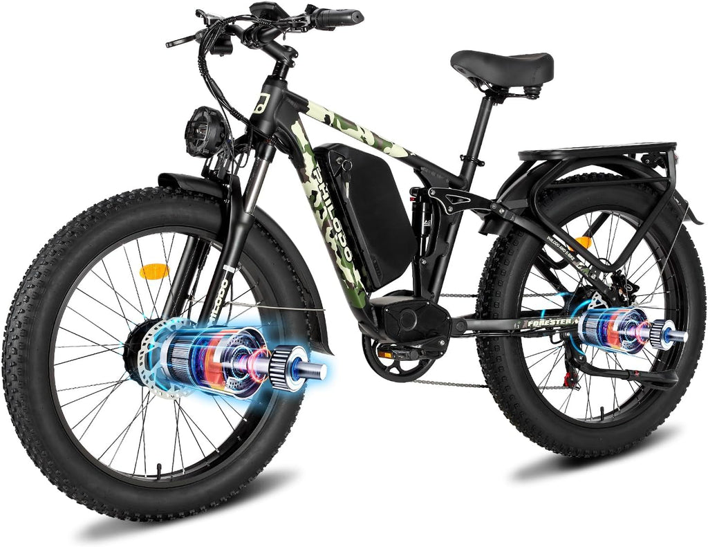5000w Dual Motor Electric Bicycles, 60V Battery E-Bike with 45 MiIe P-Hour Electric Bike for Adults, 26 Fat Tire Hunting Ebike for All Terrain, Full Suspension Electric Ebike