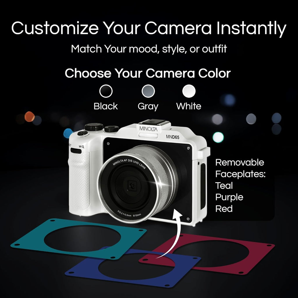Minolta Digital Camera – 56MP Photos, 4K 60FPS Video, Dual-Lens Selfie Design, 18X Zoom, Wi-Fi, RAW/JPEG Capture, 3' LCD, Compact Travel Camera (Gray)