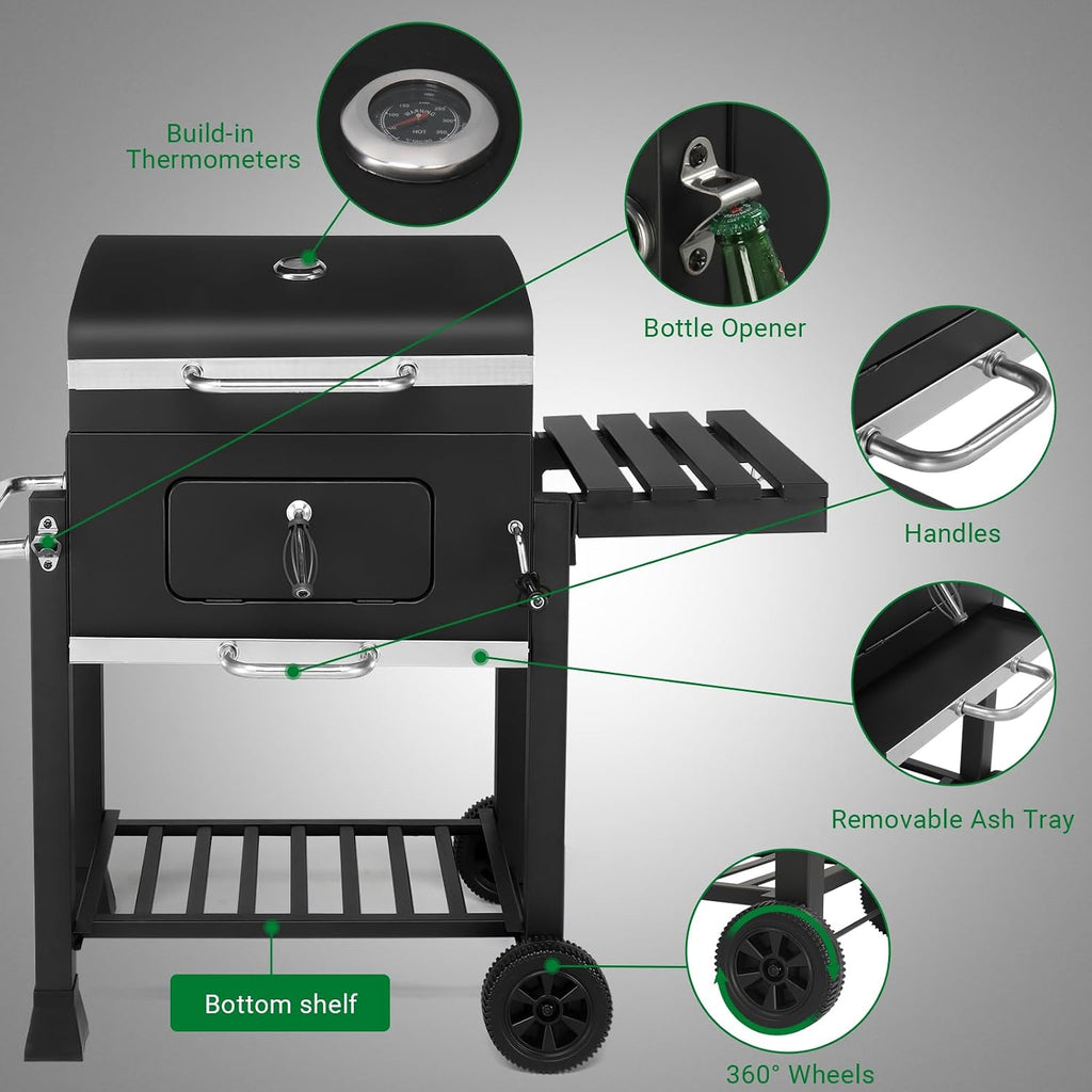 45.6' Portable Charcoal Grill,Metal Outdoor Barbecue Smoker,Heavy Duty Outdoor BBQ Grill,Vertical Camping Barbecue Grill,with Foldable Side Table & Wheels,for Garden Patio Beach Backyard (Black)