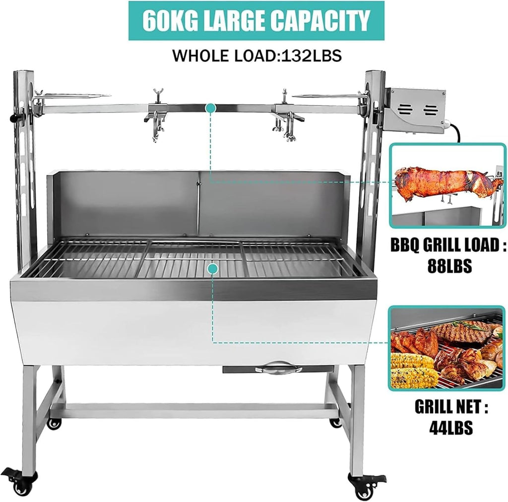 Stainless Steel Rotisserie Grill with Back Cover Guard, 132Lbs Capacity 25W Motor Small Pig Lamb Rotisserie Roaster, 37 Inch BBQ Charcoal Rotisserie Grill for Camping Outdoor