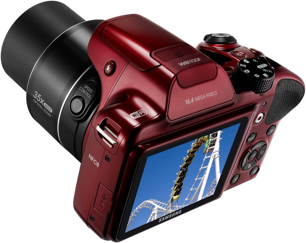Samsung WB1100F 16.2MP CCD Smart WiFi & NFC Digital Camera with 35x Optical Zoom, 3.0' LCD and 720p HD Video (Red)