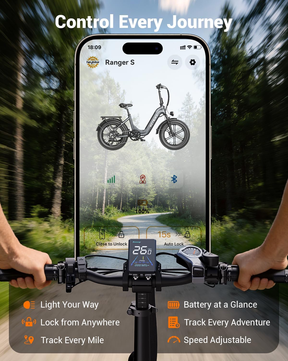 Heybike Ranger 20'x4.0' Fat Tire Folding Electric Bike for Adults, 1200W/1800W Peak Motor, 28/32MPH, up to 55/90 Miles Range, UL2849 Certified Removable Battery for Commute Beach Mountain Snow E Bike