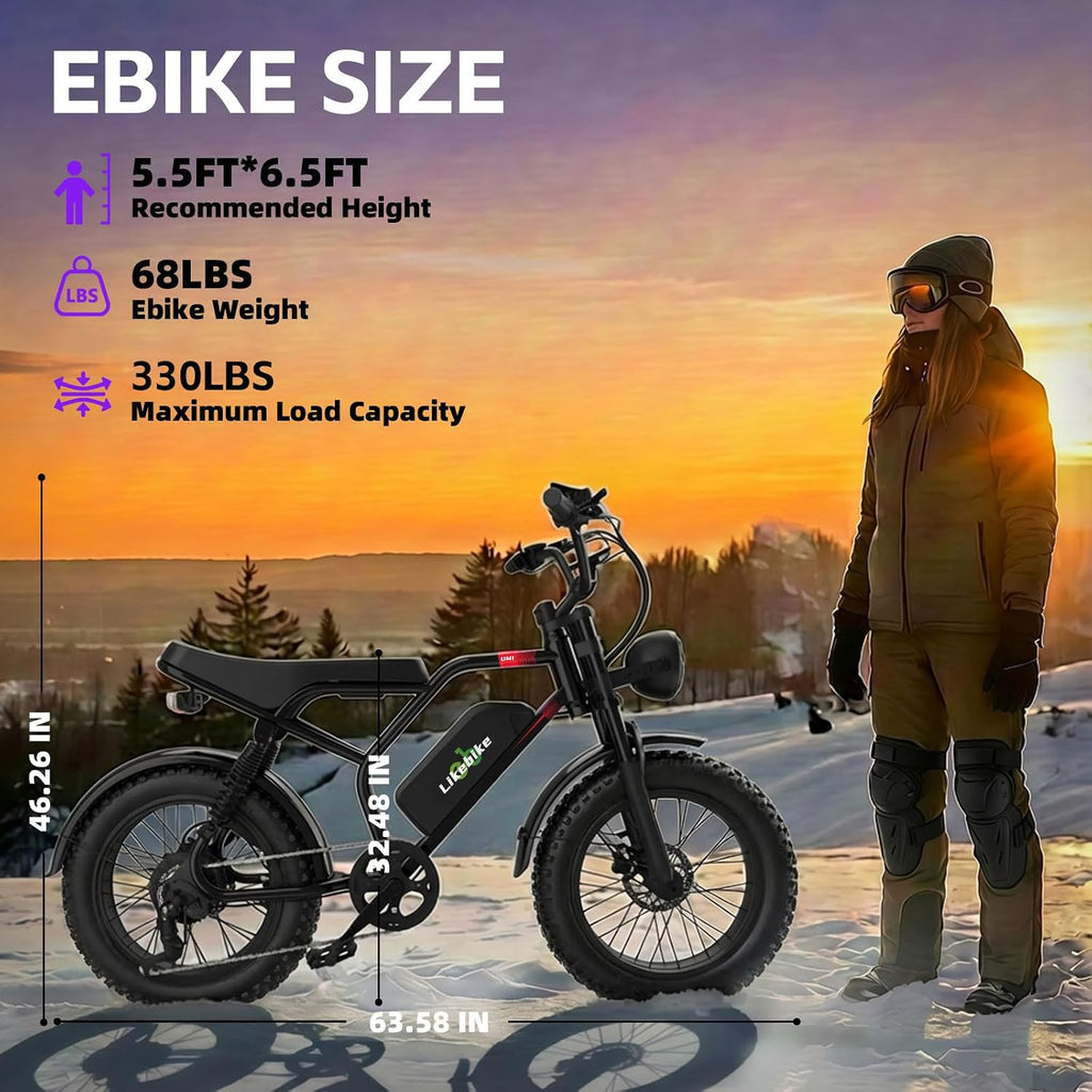 Likebike Electric Bike for Adults 1500W/2000W/3000W Peak,32/36/47MPH 20' Fat Tire Ebike, 48V 20AH/23AH/33Ah Removable Battery 7-Speed Full Suspension Mountain Bike Off Road Hydraulic Disc Brake