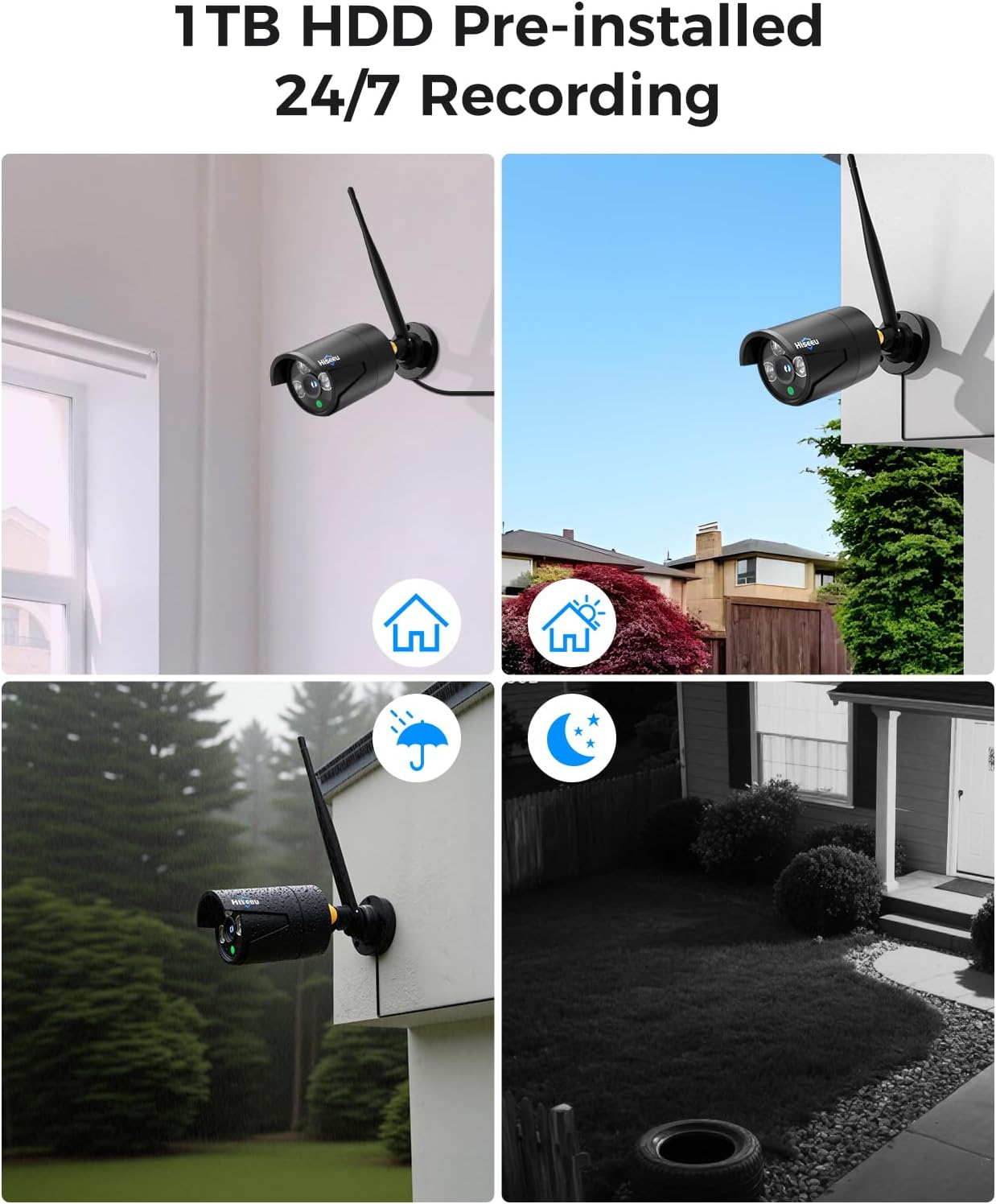Hiseeu Home Security Camera System, 24/7 Recording Wired Plug-in Powered 4Pcs 5MP Outdoor Cameras, 10.1' LCD 16CH 8MP NVR&Monitor, One-Way Audio, Motion Detection, 1TB HDD, 2.4G/5G Wireless WiFi Pro