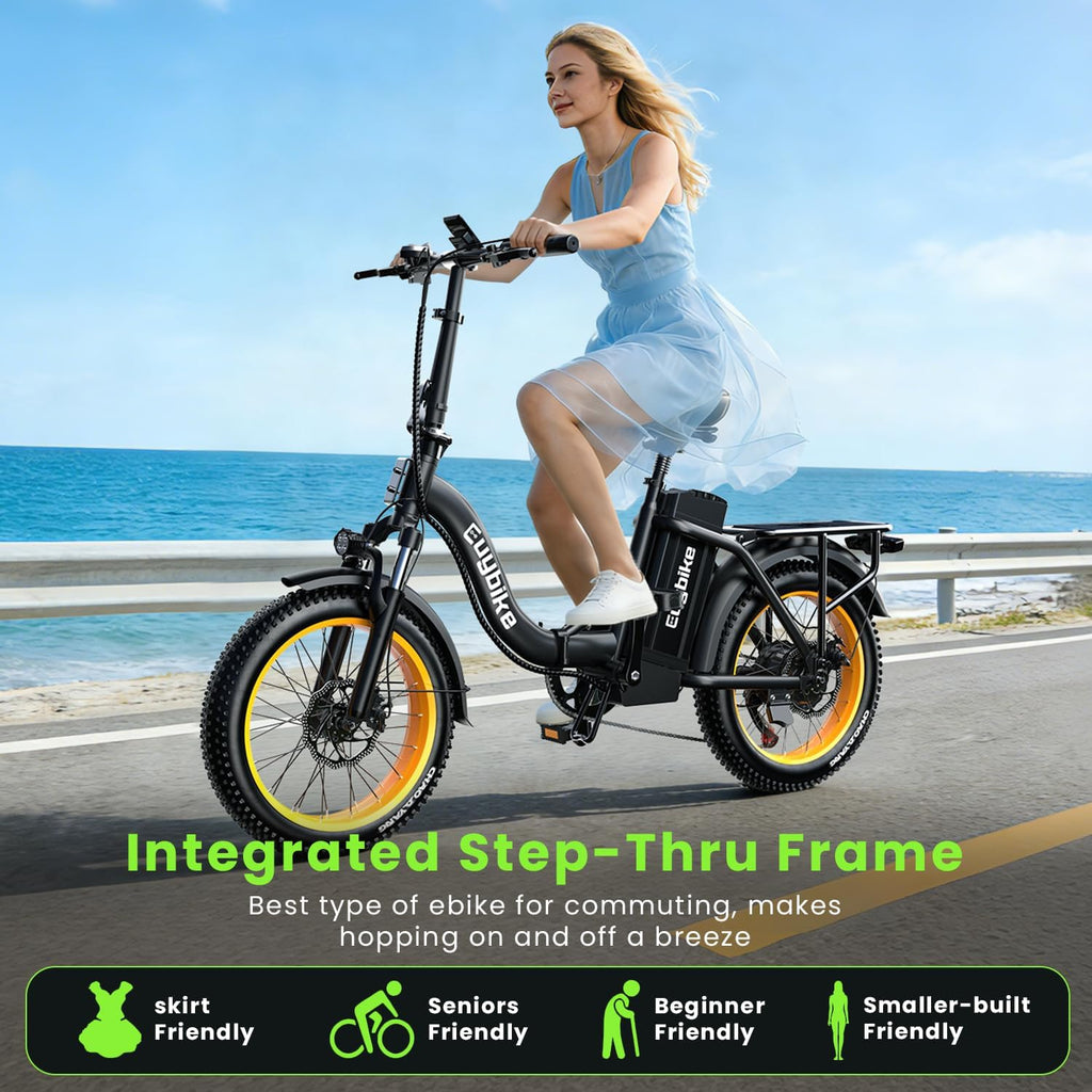 Folding Electric Bike for Adults and Seniors, 1000W Motor 48V 20AH Battery 30MPH 80 Miles, 20' Fat Tire All Terrain Ebike, 7-Speed Commuter E Bike, Step-Thru Electric Bicycle for Women and Teens