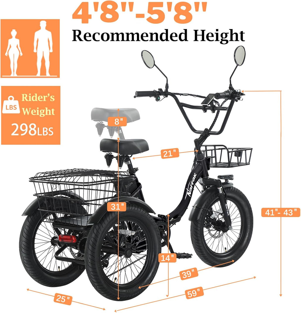 NARRAK Electric Tricycle for Adults,Fat Tire Folding Electric Trike,3 Wheels Electric Bicycle Bikes, Peak 700W/1100W Step-Thru Etrike with Removable Battery and Large Basket