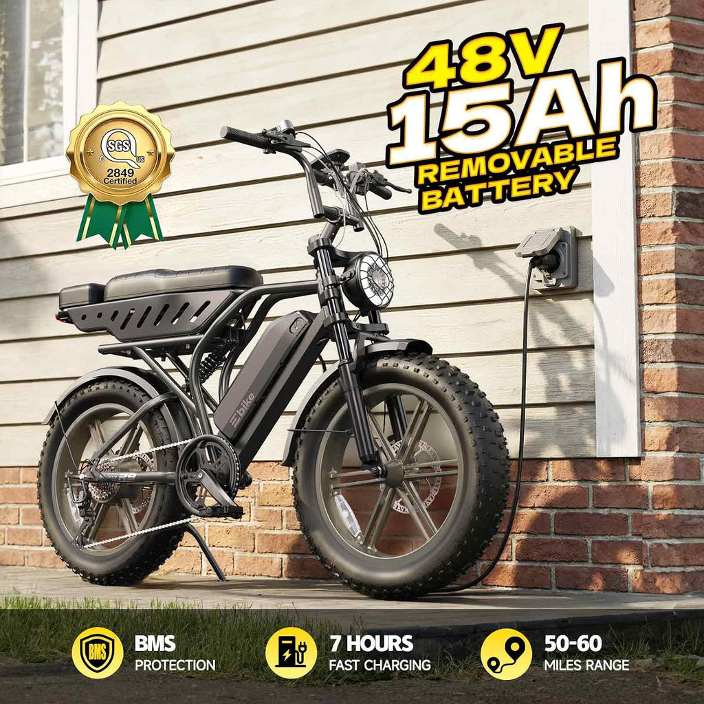 TST Electric Bike for Adults, 1500W Peak Motor Ebike with 48V 15Ah Battery, 60 Miles Range Electric Bicycle, 20' All-Terrain Fat Tire E Bike with Rear Seat 7 Speeds Black