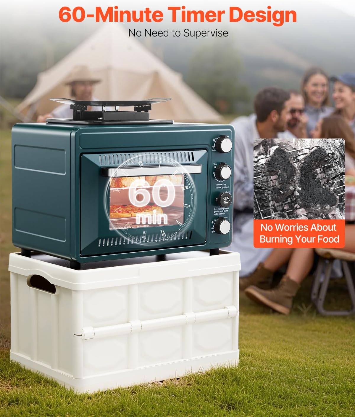 VEVOR Outdoor Camping Oven, 2-in-1 Portable Gas Camping Stove Oven Combo, Adjustable Fire, 60-Minute Timer, Windproof, for Camping Backyard Picnic Outdoor Cooking, Universal Butane Canister Compatible