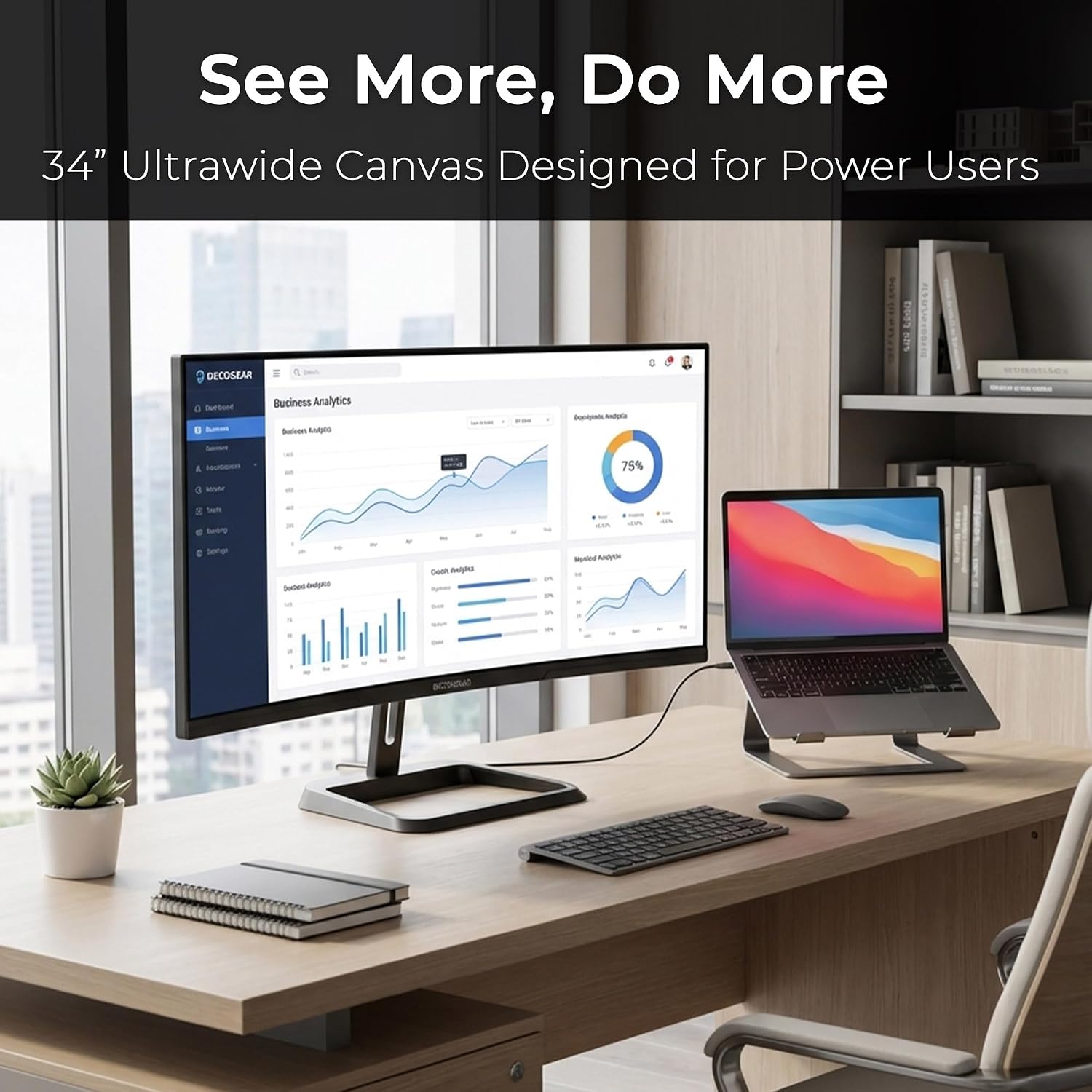 Deco Gear 34-Inch Business Curved Super UltraWide WQHD Monitor 3440 × 1440 R1500 100Hz 1ms 100% sRGB HDR 2× DisplayPort 2× HDMI Tilt Adjustable PIP/PBP Low Blue Light, American Seller