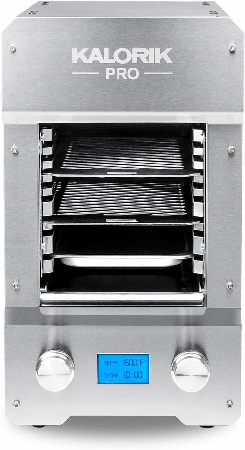 Kalorik Steakhouse Grill Pro Electric Broiler, 1500°F Stainless Steel Steak Cooker with 2 Grill Plates, Electric Grill for BBQ Burgers & Fish, 1600-Watts, Stainless Steel