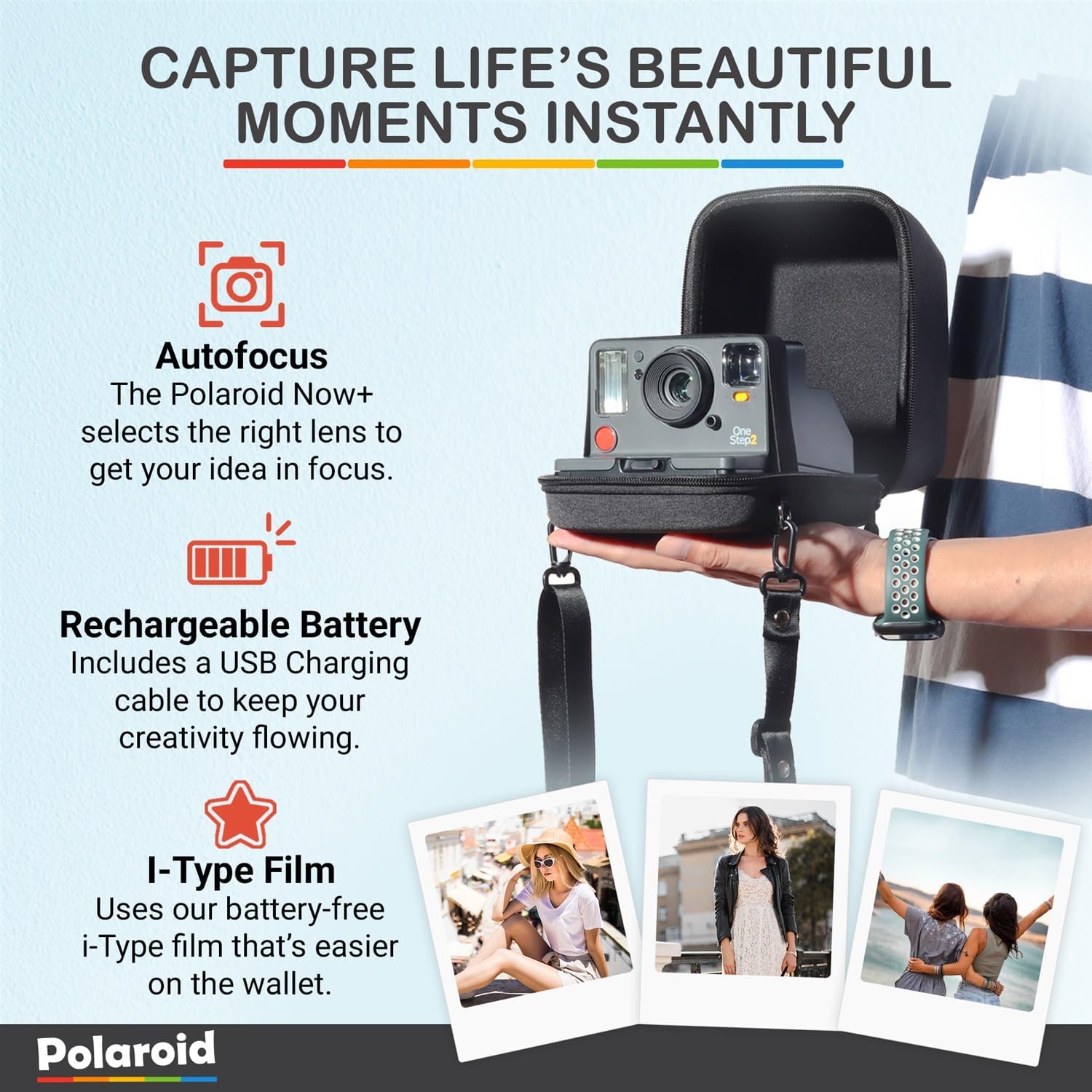 Polaroid Now Generation 3 I-Type Instant Camera (Black) Bundle with Color I-Type Film (8 Exposures), Hard Protective Case and Wrist Strap