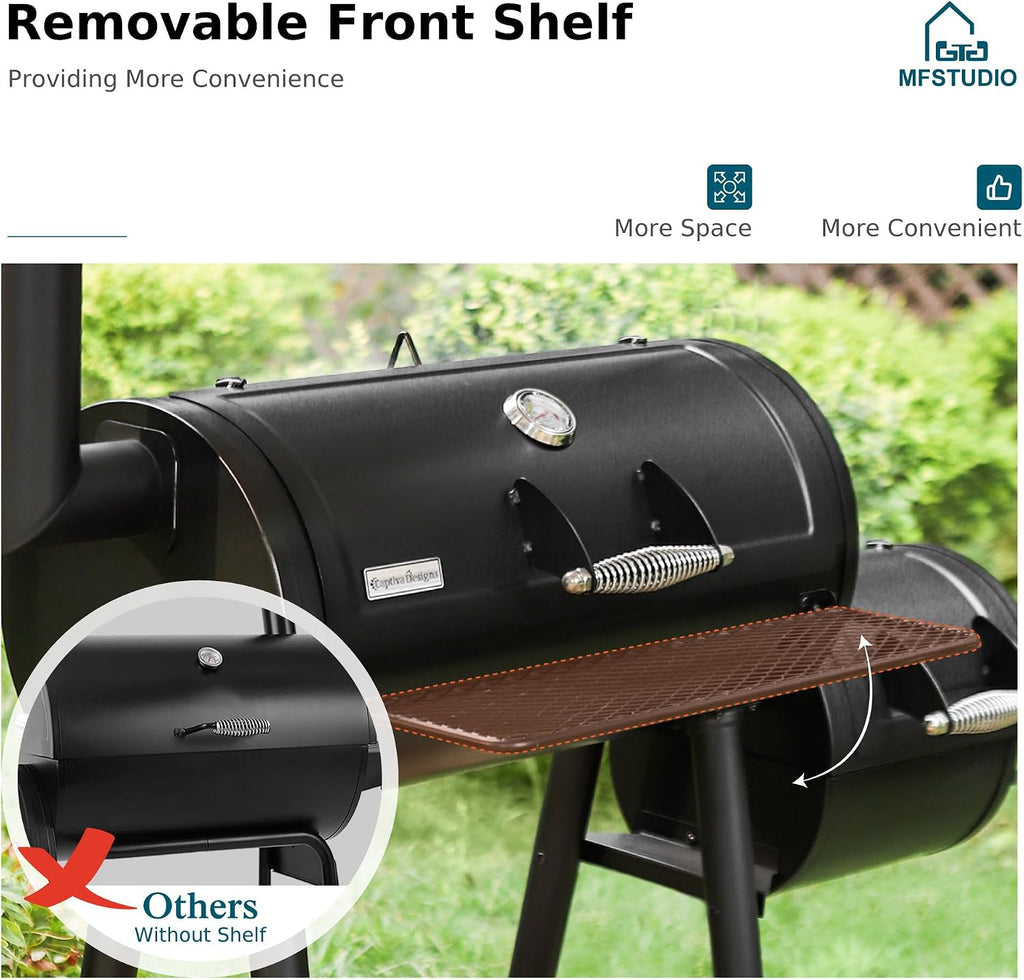 MFSTUDIO Heavy Duty Charcoal Wood Offset Outdoor Smoker Grill, Charcoal Grill with Smoker Combo for BBQ Grilling, 512 SQ.IN.