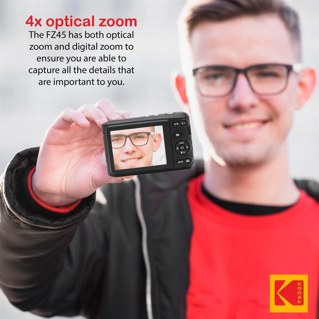 KODAK PIXPRO FZ45 16MP Digital Camera with 4X Optical Zoom 27mm Wide Angle and 2.7' LCD Screen Bundle with 32GB SD Memory Card, AA Batteries (4 Pack), Lens Cleaning Cloth (Red)