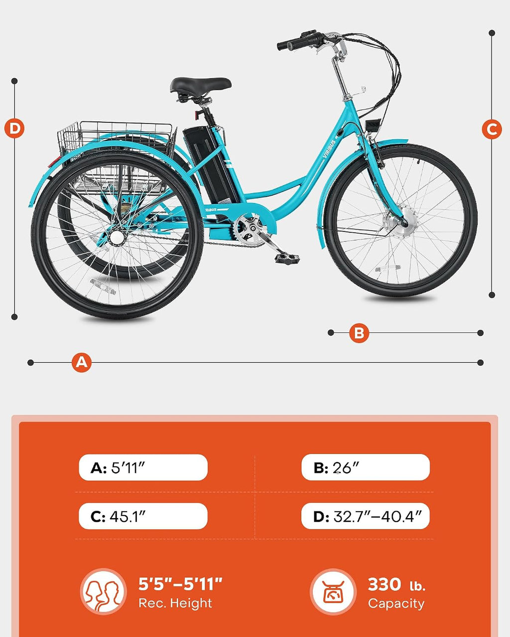 VIRIBUS Electric Tricycle for Adults, 24 26 inch Electric Trike with 468Wh Removable Battery, 250W/350W(Peak 500W) 3 Wheel Electric Bikes for Seniors, Motorized Adult Tricycles Women Men 330 lb.
