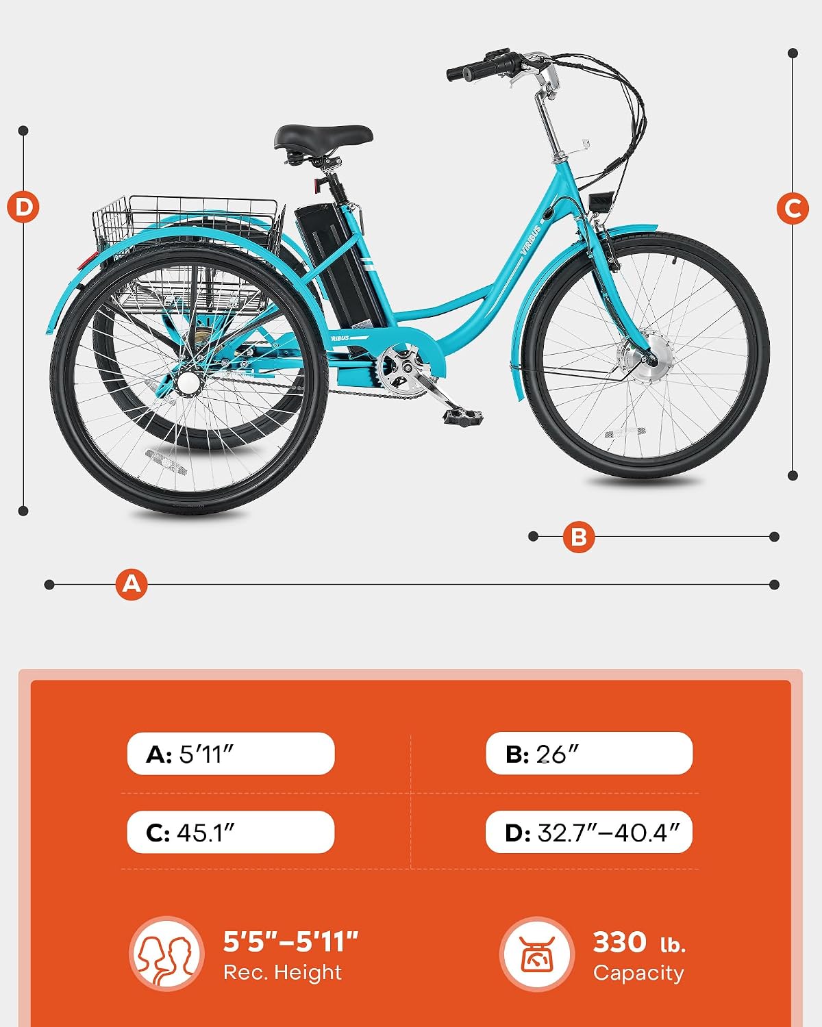 VIRIBUS Electric Tricycle for Adults, 24 26 inch Electric Trike with 468Wh Removable Battery, 250W/350W(Peak 500W) 3 Wheel Electric Bikes for Seniors, Motorized Adult Tricycles Women Men 330 lb.