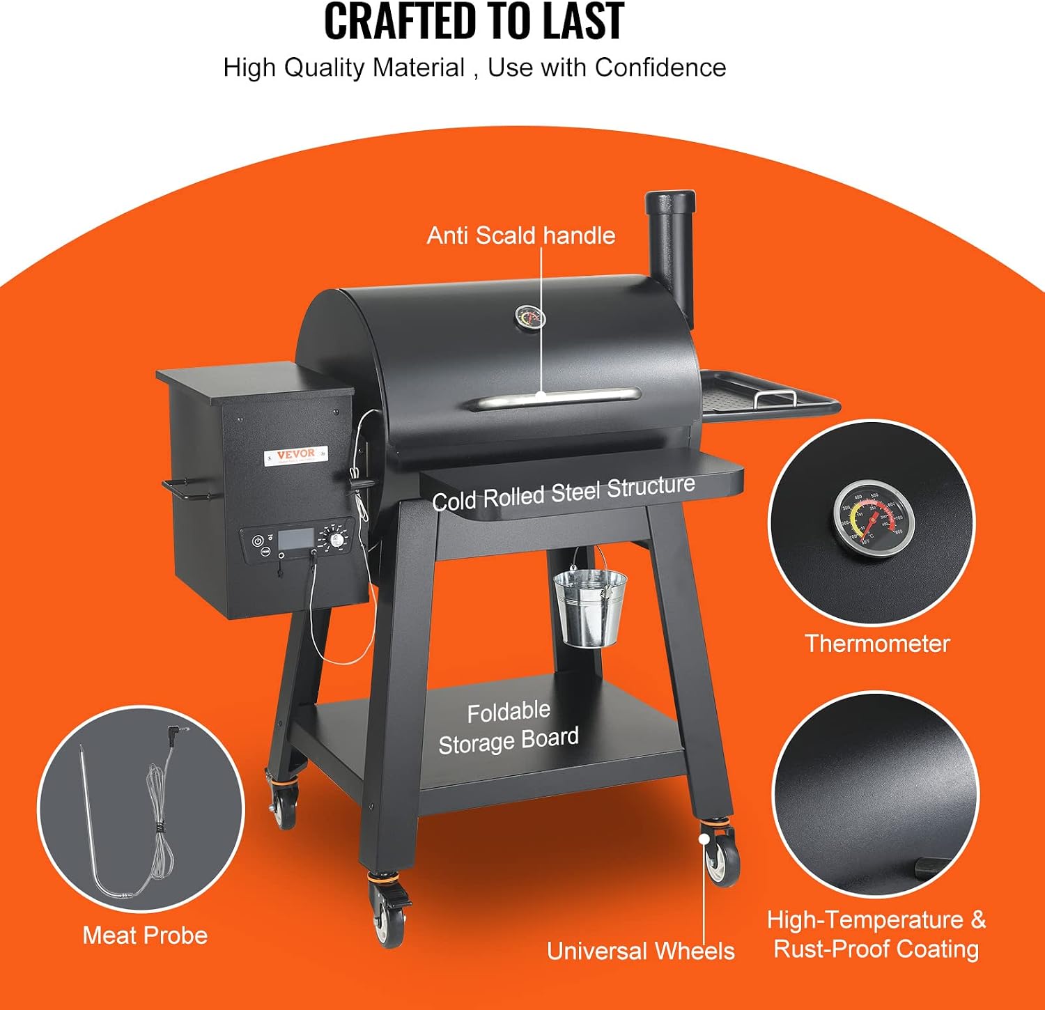 VEVOR Smoker Grill, Portable Wood Pellet Grill with Cart, 8 IN 1 BBQ Grill with PID Temperature Control for Outdoor Cooking, Barbecue Camping, Picnic, 730 sq, Patio and Backyard, Black