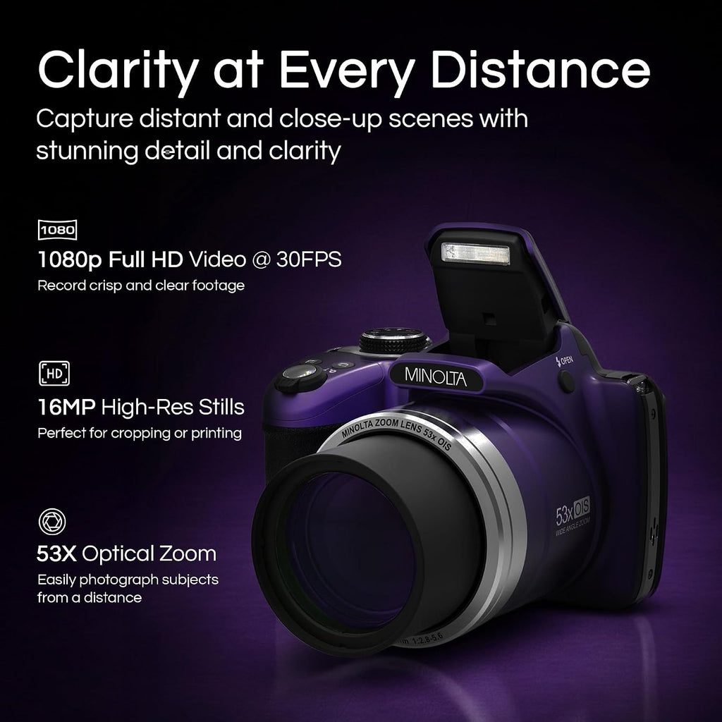 Minolta Pro Shot 16MP HD Digital Camera – 53x Optical Zoom, 1080p Full HD Video, Optical Stabilization, 3-inch LCD, Panorama, HDR, Face Detection, Smart Modes, 16GB Card (Purple)