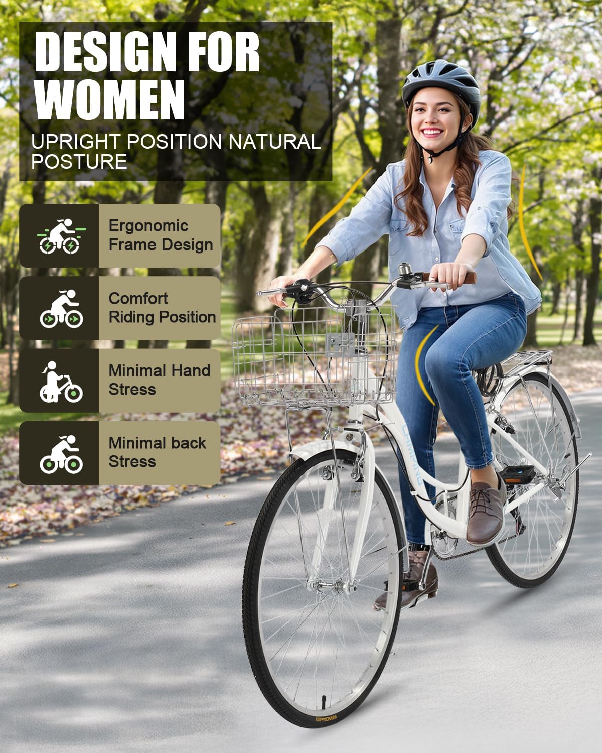 CamPingSurvivals 26' Cruiser Bike Commuter Bike 7 Speed Women's Bicycle Beach Cruiser with Ergonomic Upright Design, Adjustable Saddle, Dual Fenders & V Brake and High Carbon Steel Frame