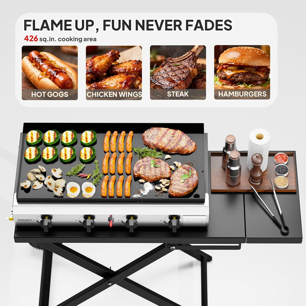 ROVSUN 4 Burner Foldable Propane Griddle with Wheels & Enameled Tray, 40000 BTU Portable Flat Top Gas Grill with Electronic Ignition & Regulator for Outdoor Cooking Camping BBQ Tailgating Picnicking