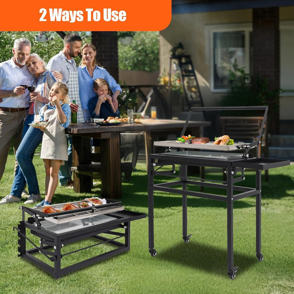 Rotating Grill, BBQ Charcoal Grill with Cart, 360° Rotating Blazefor Flip, Charcoal Flip Grill Blaze for Barbecue, Detachable Grid Stand-Up with Wheels and Adjustable Steel Frame