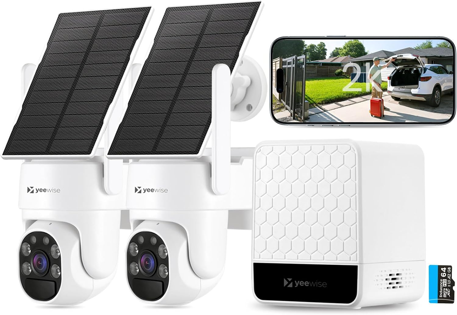 yeewise Solar Security Cameras Wireless Outdoor, 2 Cam-Kit, No Subscription, 4MP Home Security Cameras System with 360° Pan & Tilt, Color Night Vision, Motion Detection, Local Storage, 5G & 2.4G WiFi