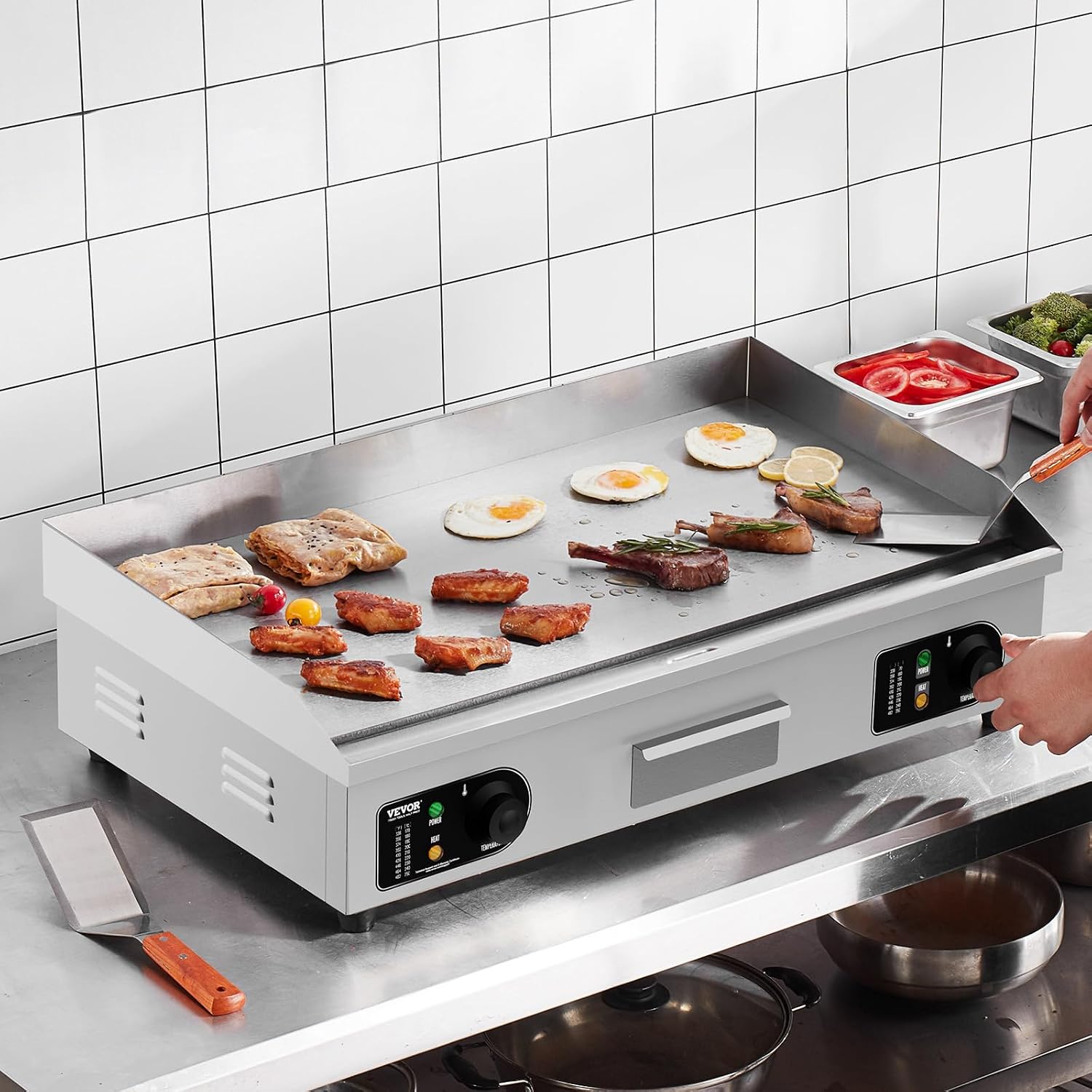 VEVOR Commercial Electric Griddle, 2800W Countertop Flat Top Grill, 122℉-572 ℉ Adjustable Temp, 29in Stainless Steel Griddle Grill with 2 Shovels and 2 Brushes for Home or Restaurant(110V No Plug)