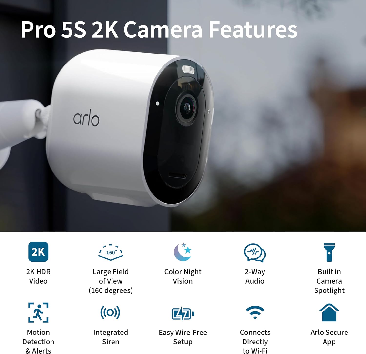 Arlo Pro Security Camera 2K HDR (5th Gen, 2022 Release) - Wireless Outdoor Camera, Rechargeable Removeable Battery, Event Captions, Emergency Response, 1-Month Trial of Secure Plan, 2 Cam, White