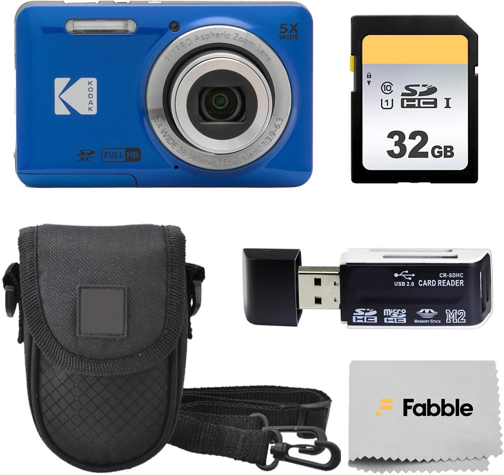 KODAK PIXPRO FZ55 16MP Digital Point & Shoot Camera, 5X Optical Zoom, 28mm Wide Angle, 1080P Full HD Video, Bundle with 32GB SD Card, Protective Case, and Hi-Speed Card Reader (Blue)