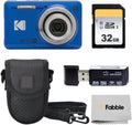 KODAK PIXPRO FZ55 16MP Digital Point & Shoot Camera, 5X Optical Zoom, 28mm Wide Angle, 1080P Full HD Video, Bundle with 32GB SD Card, Protective Case, and Hi-Speed Card Reader (Blue)
