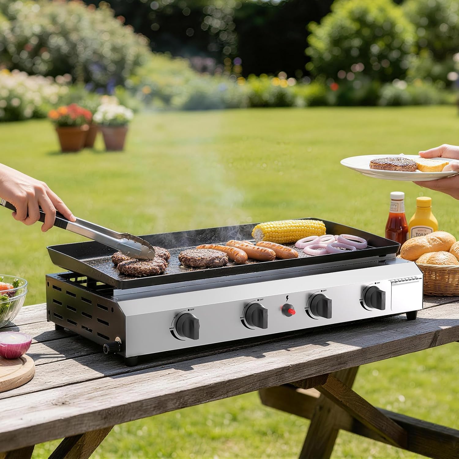4 Burner Flat Top Grill, 30 Inch Stainless Steel Tabletop Portable Propane Griddle, 40,000 BTU BBQ Gas Griddle Flat Grill for Outdoor BBQ