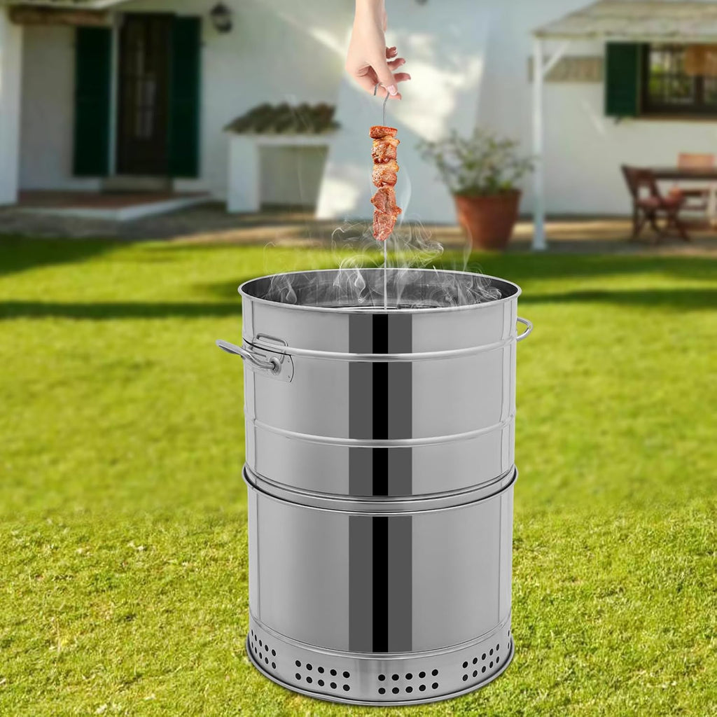 Portable Charcoal Grills, Stainless Steel 50 Skewer BBQ Drumstick Holder, 16' x 26' Cylinder, Freestanding Outdoor Barbecue Smoker, Oil Separation Design, for Camping, Parties, Patio