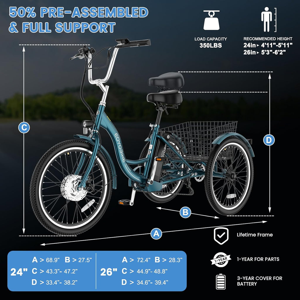 MOONCOOL Adult Electric Tricycle, 350W Front Drive Motor (Peak 700W), 15.5MPH E-Trike, Removable 36V 10.4Ah Battery, Max 60 Miles, 7-Speed 3 Wheel Electric Bike