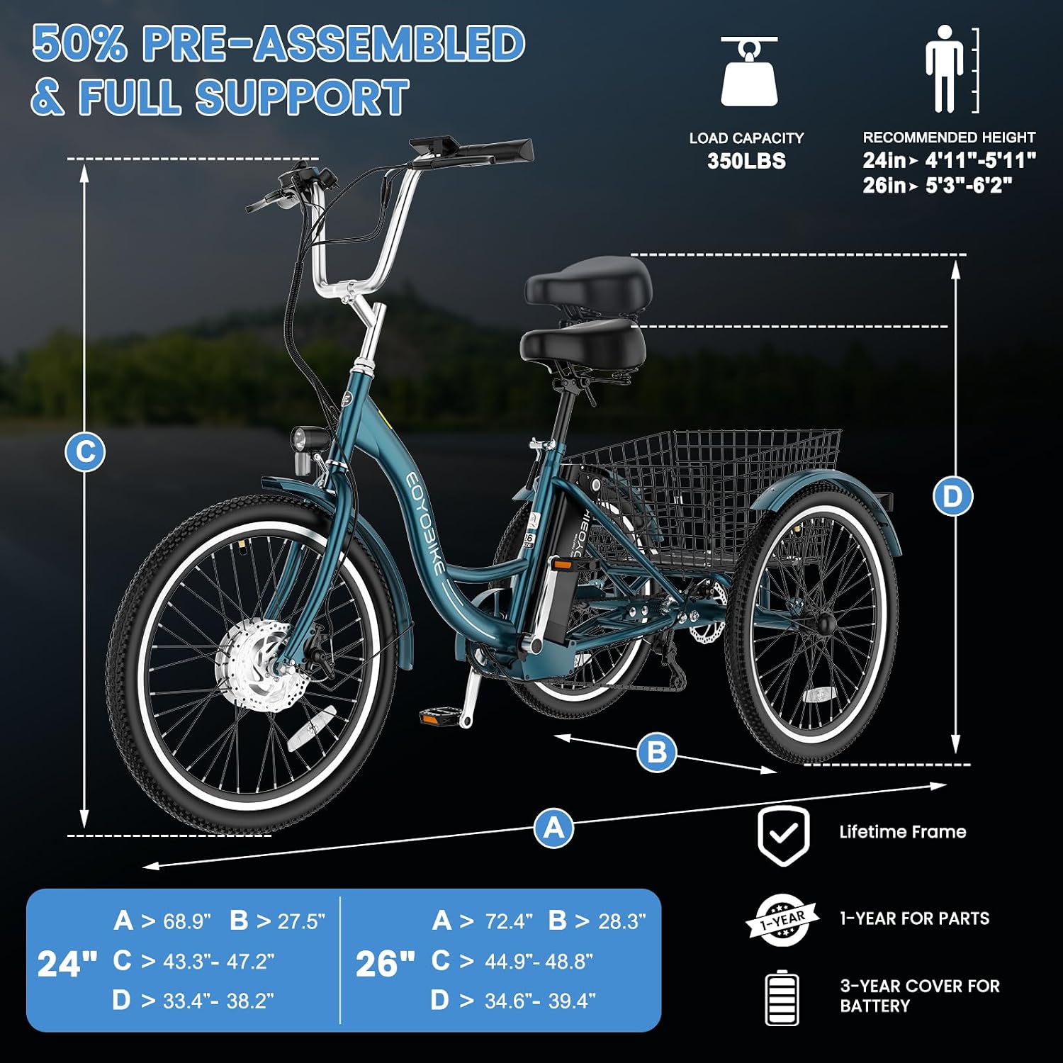 MOONCOOL Adult Electric Tricycle, 350W Front Drive Motor (Peak 700W), 15.5MPH E-Trike, Removable 36V 10.4Ah Battery, Max 60 Miles, 7-Speed 3 Wheel Electric Bike