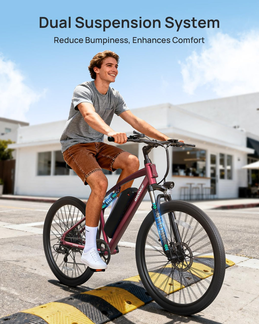 QRONGE Electric Bike for Adults, Full Suspension Ebike, 1000W Peak Motor 486Wh Battery, 28MPH(PAS Mode) Mountain Electric Bicycles, 7 Speed, 26'' Tire, Up to 70 Miles, Zephyr