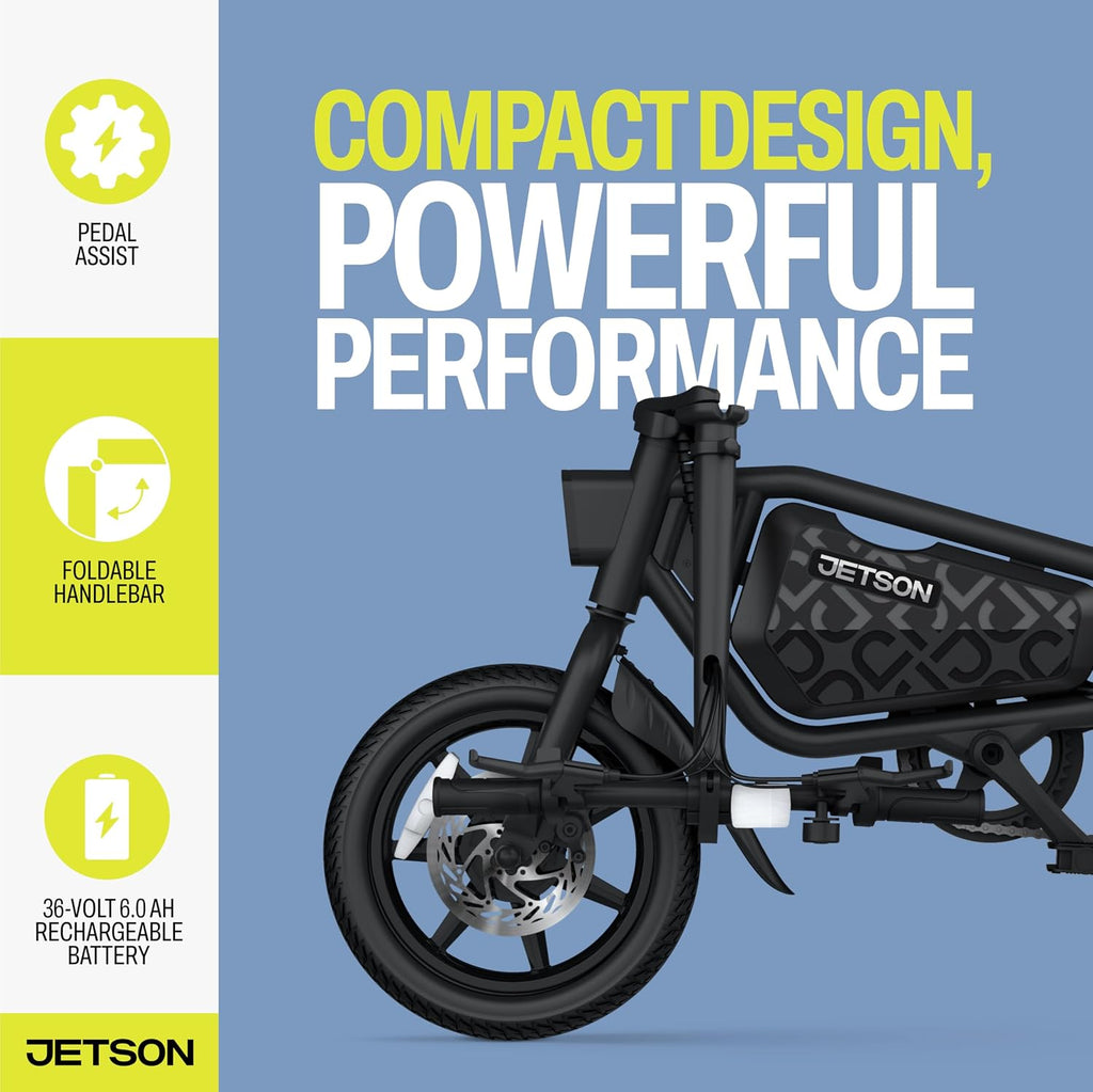 Jetson Bolt Electric Bike, Foot Pegs, Easy-Folding, Built-in Carrying Handle, Twist Throttle, Cruise Control, Up to 15.5 MPH, Range Up to 15 Miles, Ages 13+