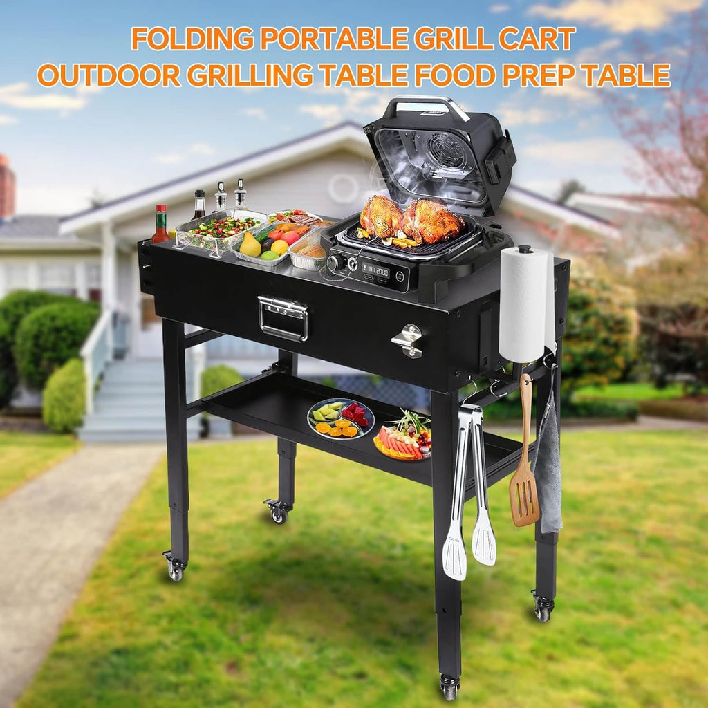 Grill Table for Ninja, Universal Foldable Grill Cart for Blackstone, Weber, Ooni Pizza Oven, Portable Outdoor Grill Stand, Adjustable Height 28''-36'', with Caddy, Paper Towel Holder, 4 Wheels