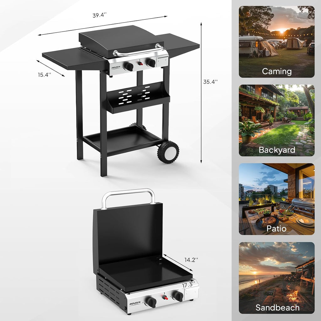 ROVSUN 2 Burner Portable Propane Griddle with Electronic Ignition, 20000 BTU Rolling Flat Top Gas Grill with Enameled Tray & Lid, Side Shelves & Regulator for Outdoor Cooking Camping BBQ Tailgating